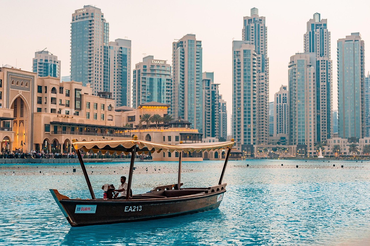 downtown, dubai, uae, tourism, city, nature, people, buildings, sunset, water, pond, boat